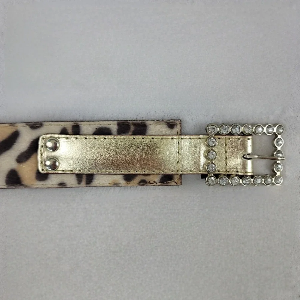 Vintage Womens Leopard Calf Hair Belt Gold Rhinestone Buckle Small Animal Print